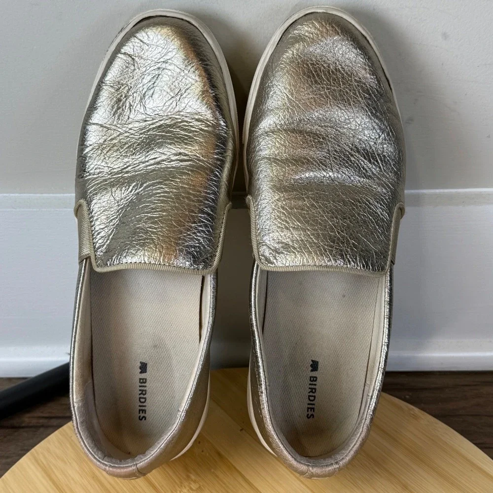 Birdies The Swift Slip On Sneakers Women 8 Gold Metallic Leather Casual Chic